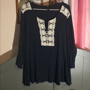 Style & Co navy blouse with crochet lace details